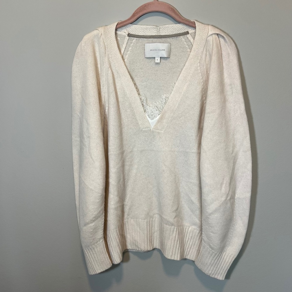 Brochu Walker Ava Wool Cashmere Lace Trim V-Neck Layered Sweater Cream Large